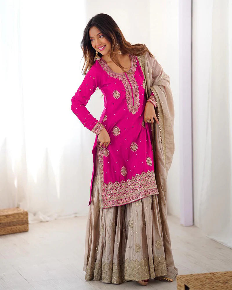 Womenline Pink Color Chinon Silk Embroidered Sharara Suit