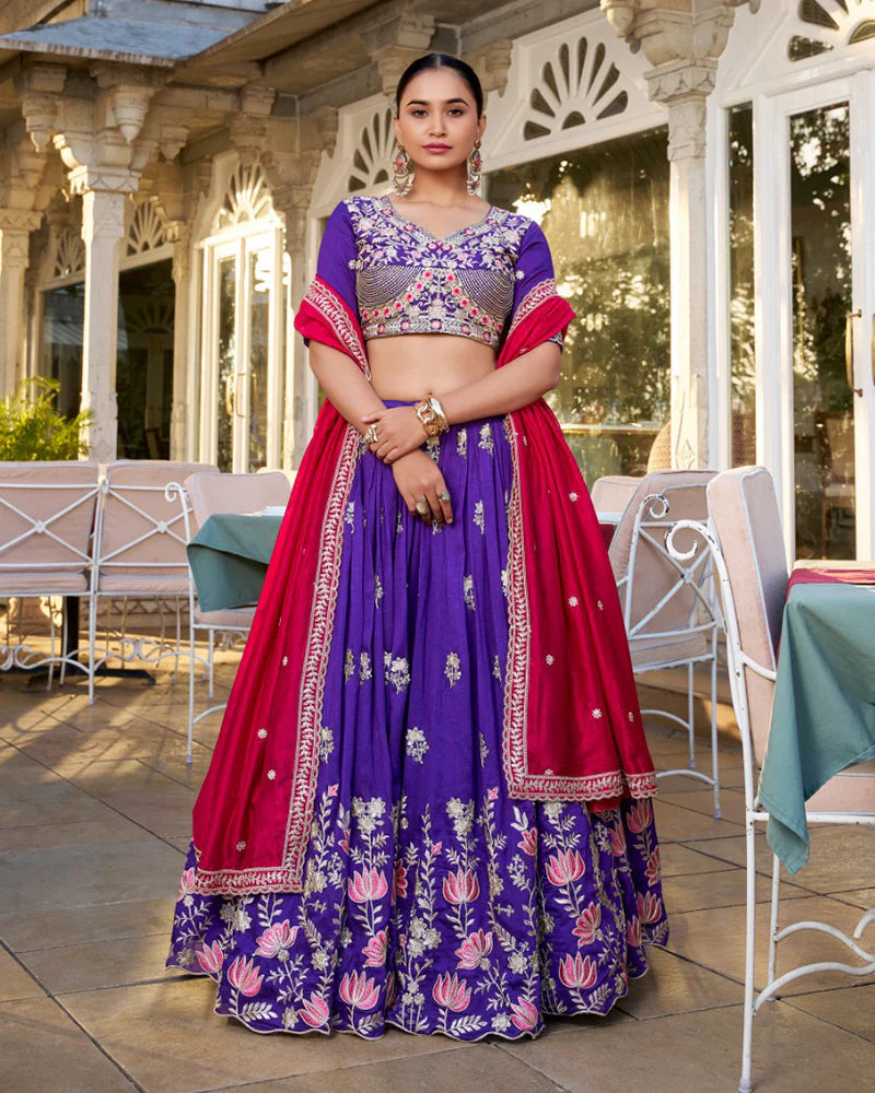 Womenline Purple Color Vichitra Silk Thread Embroidered Lehenga Choli