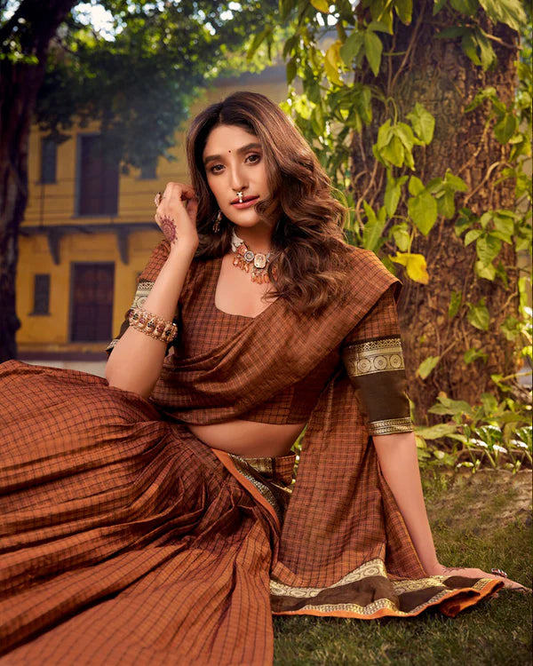 Womenline Rust Orange Color Chettinad Cotton Half Saree