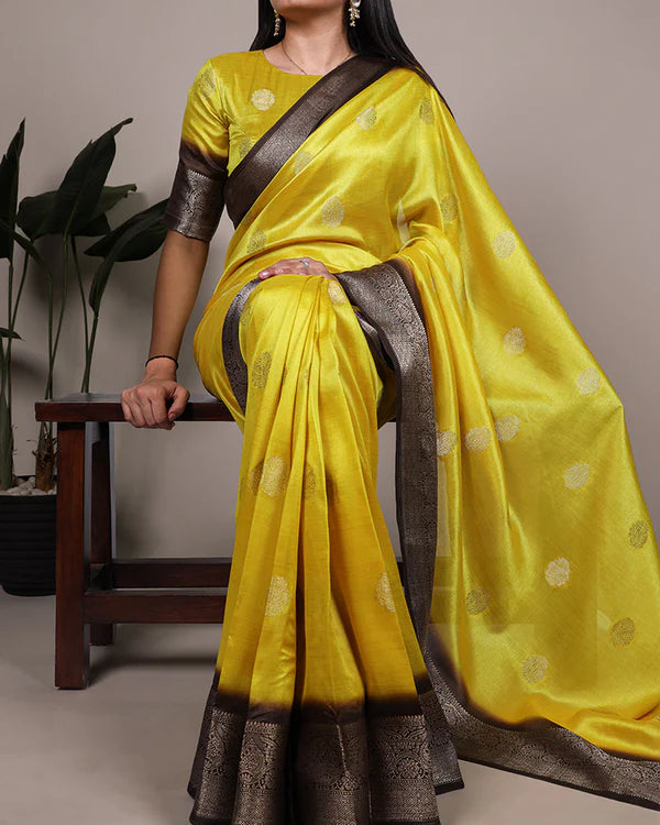 Womenline Bright Yellow Color Rumali Silk Zari Weaving Saree