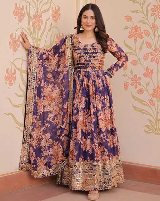 Womenline Wine Color Russian Silk Embroidered Gown