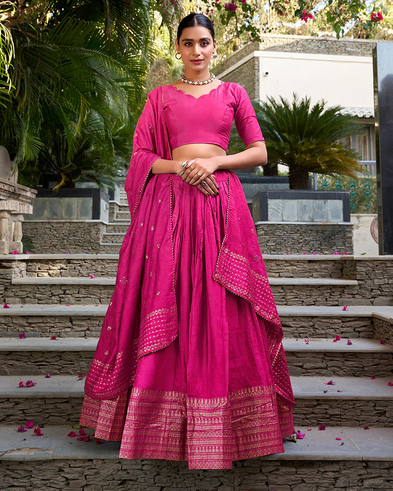 Womenline Pink Color Pure Chanderi Plain Lehenga Choli