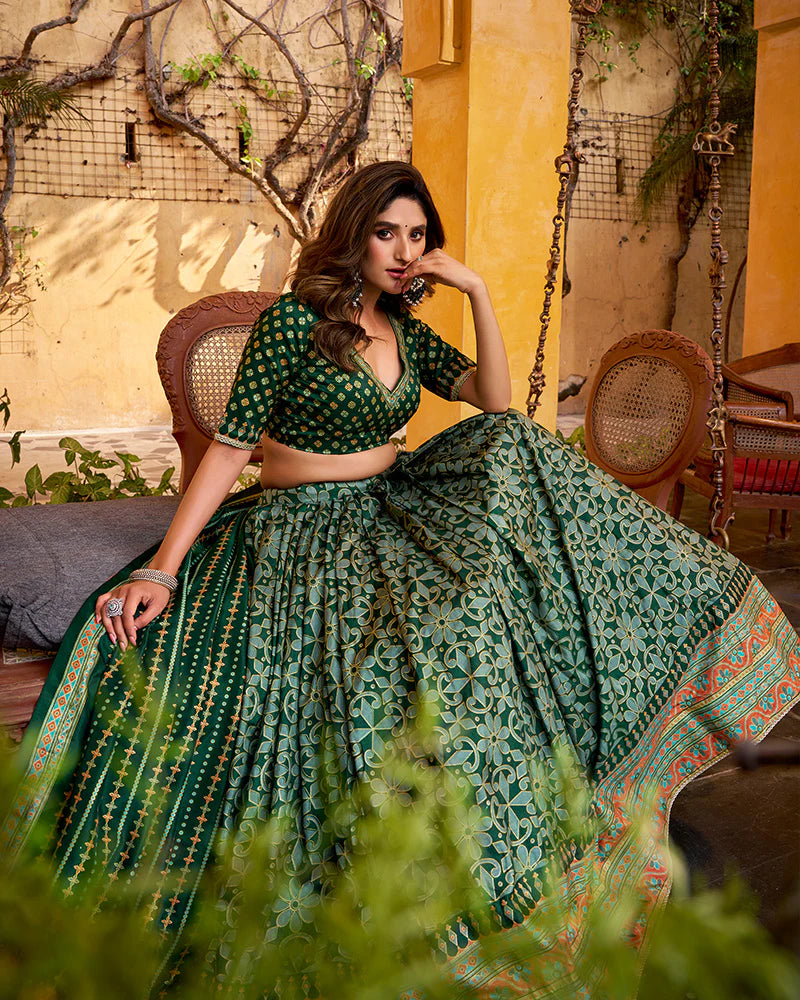 Womenline Green Color Tasar Silk Sparkle Lehenga Choli
