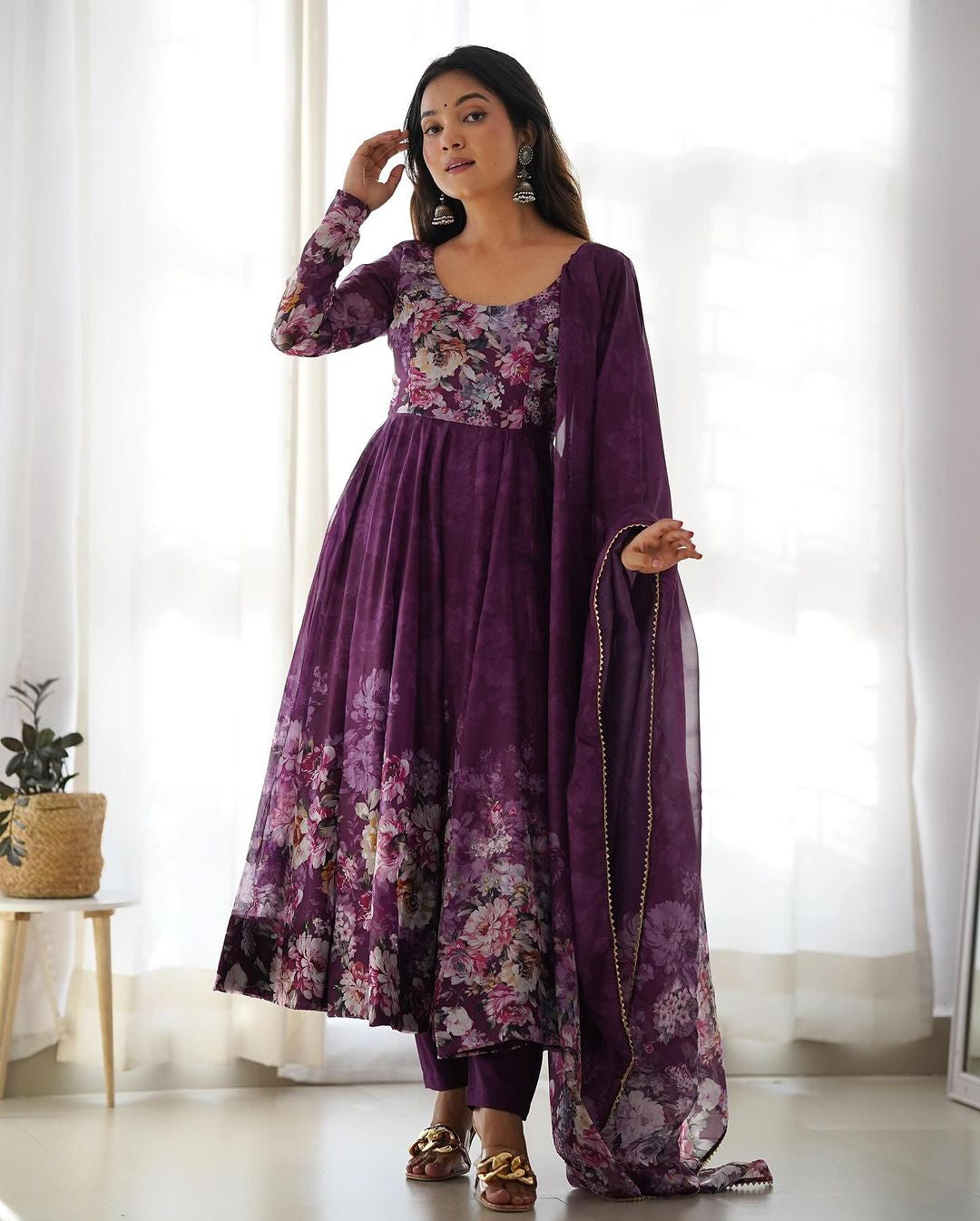 Womenline Wine Color Floral Print Organza Three Piece Anarkali Suit