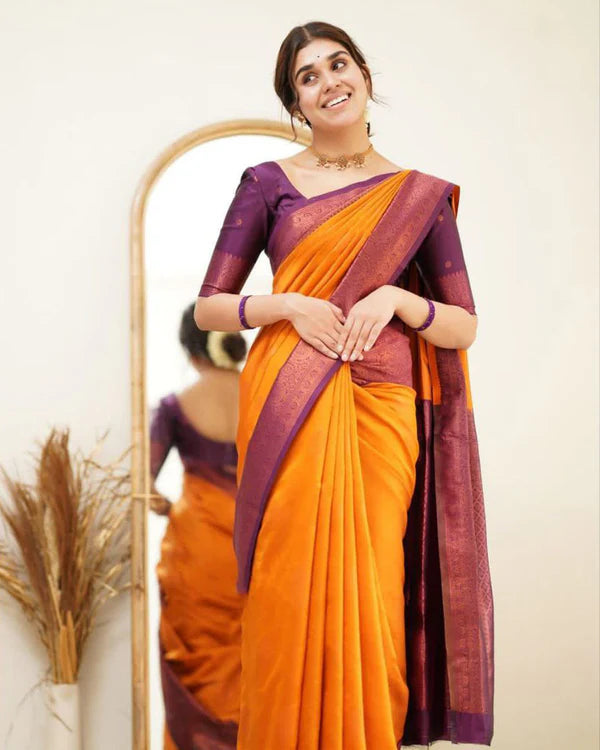 Womenline Orange Color Jacquard Print Banarasi Soft Silk Saree