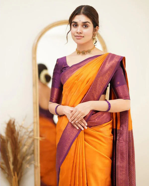 Womenline Orange Color Jacquard Print Banarasi Soft Silk Saree