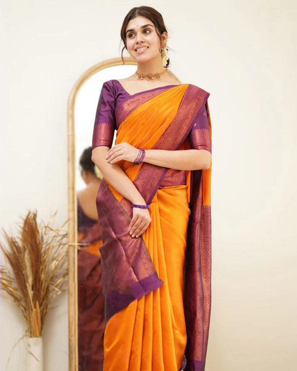 Womenline Orange Color Jacquard Print Banarasi Soft Silk Saree
