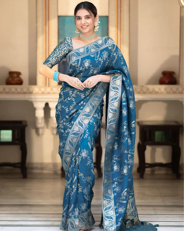 Womenline Rama Color Banarasi Jacquard Zari Weaving Saree