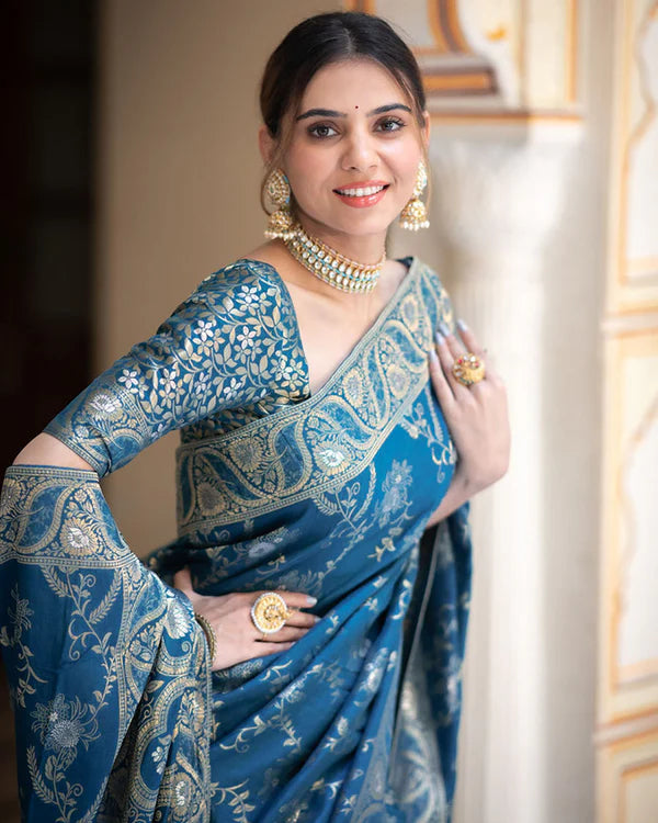 Womenline Rama Color Banarasi Jacquard Zari Weaving Saree