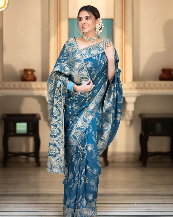 Womenline Rama Color Banarasi Jacquard Zari Weaving Saree