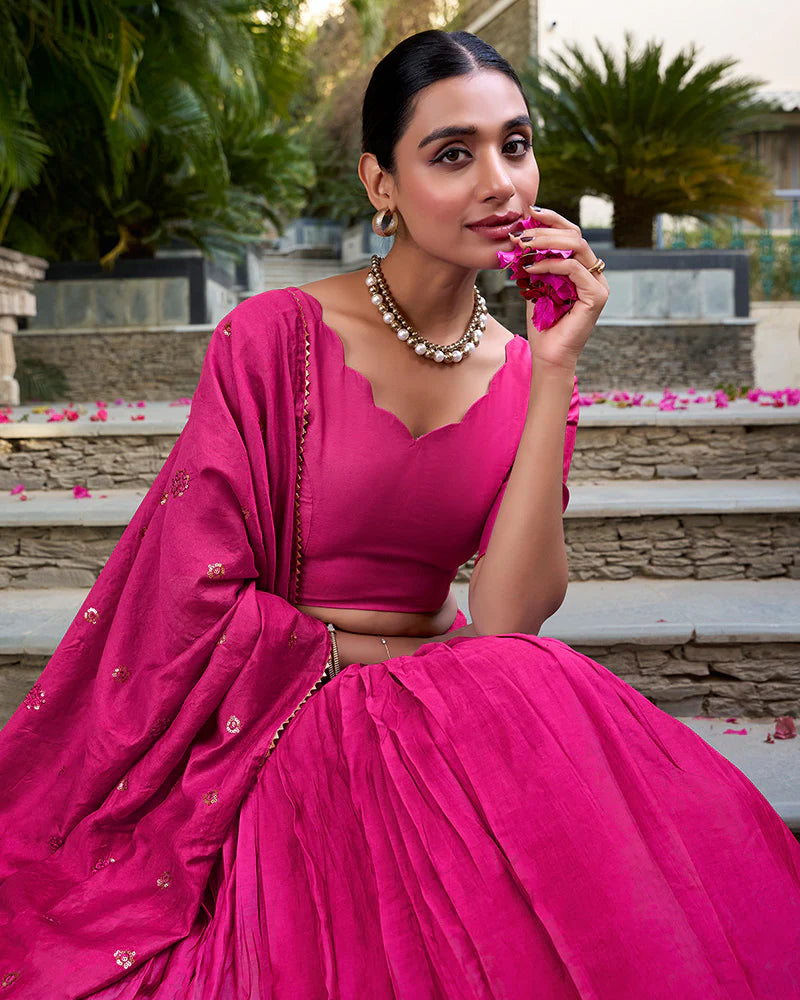 Womenline Pink Color Pure Chanderi Plain Lehenga Choli