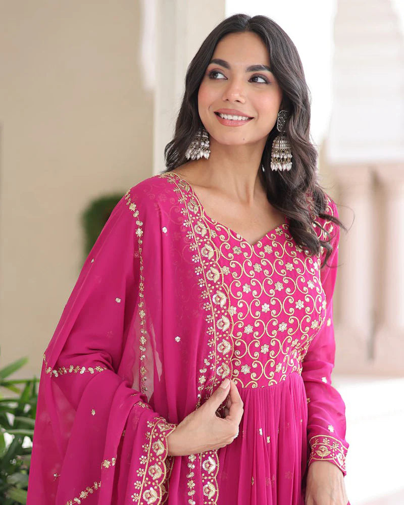 Womenline Hot Pink Color Georgette Embroidered Designer Gown