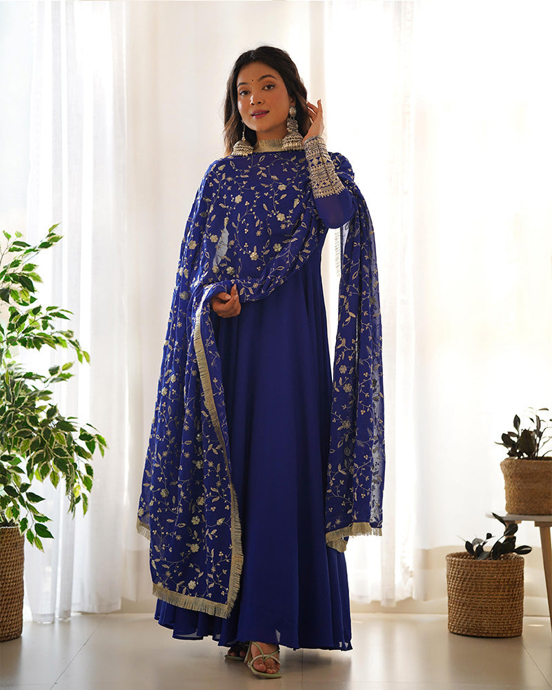 Womenline Blue Color Soft Georgette With Heavy Embroidery Work Dupatta Anarkali Suit