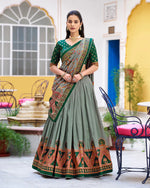 Womenline Green Color Tasar Silk Printed Sparkle Lehenga Choli
