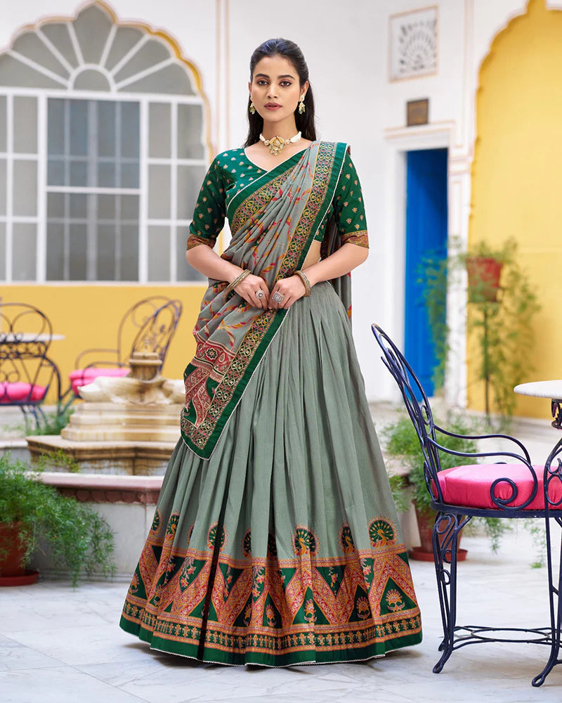 Womenline Green Color Tasar Silk Printed Sparkle Lehenga Choli