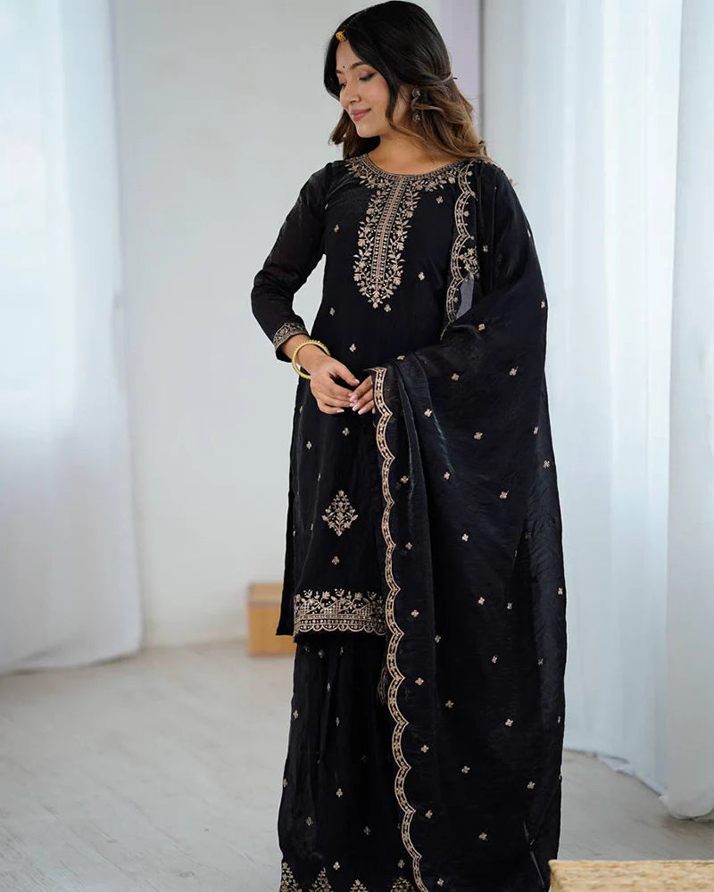 Womenline Black Color Crunchy Silk Sharara Suit