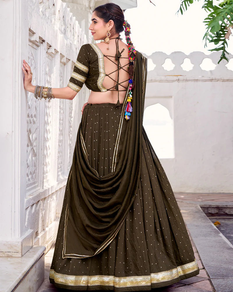 Womenline Classic Mehndi Color Pure Chanderi Navratri Lehenga Choli