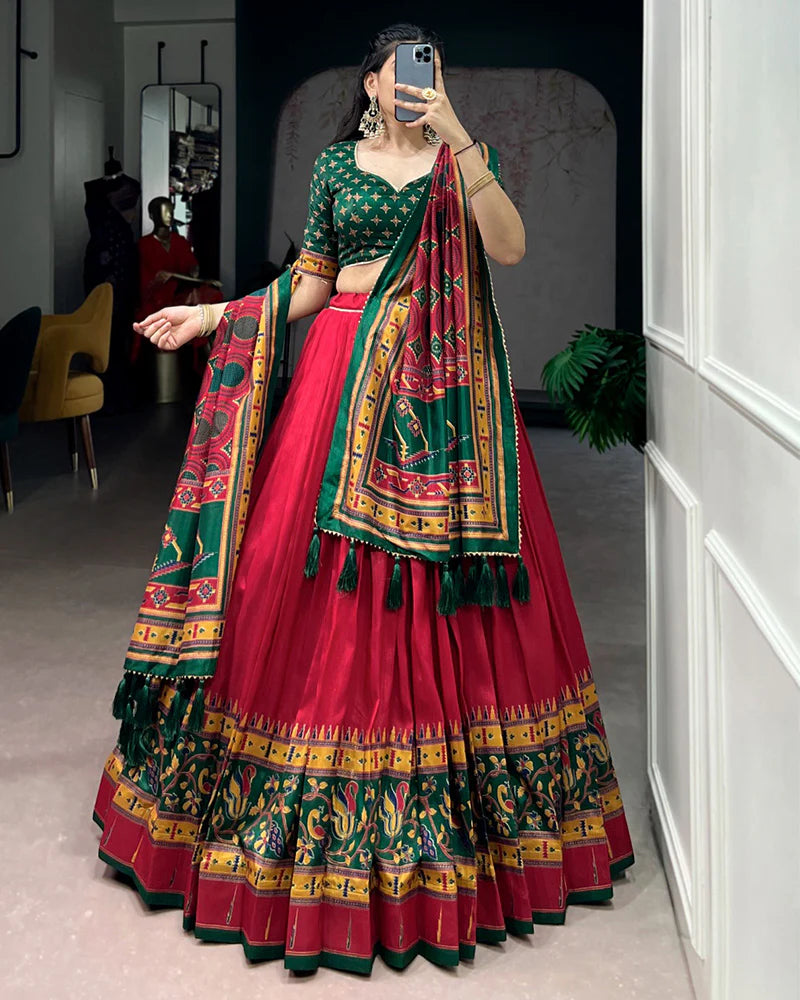 Womenline Red Color Tasar Silk Traditional Lehenga Choli
