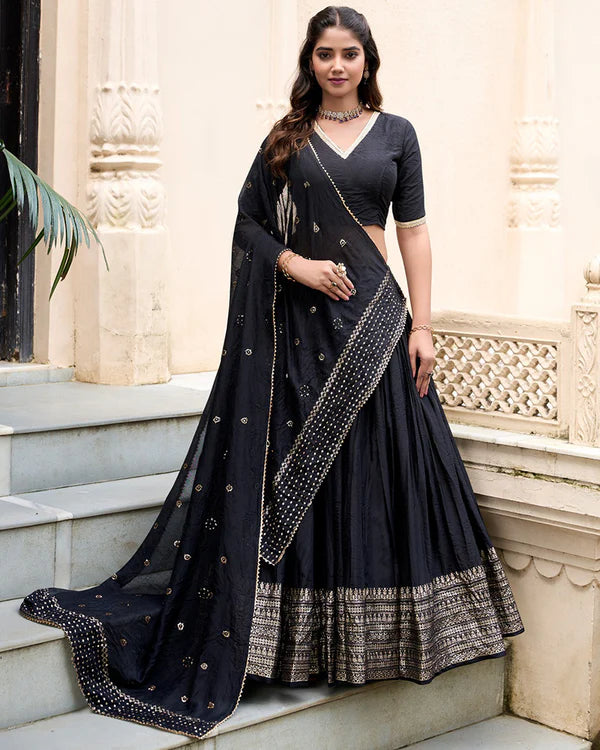 Womenline Black Color Pure Chanderi Plain Navratri Half Saree