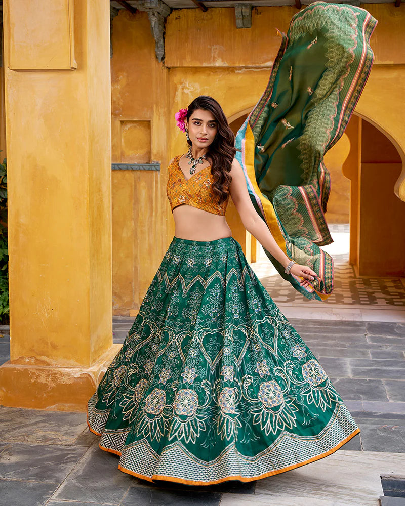 Womenline Bottle Green Color Vichitra Silk Printed And Embroidered Lehenga Choli