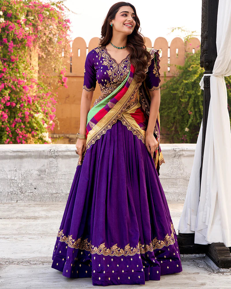 Womenline Designer Purple Color Vichitra Silk Embroidered Lehenga Choli