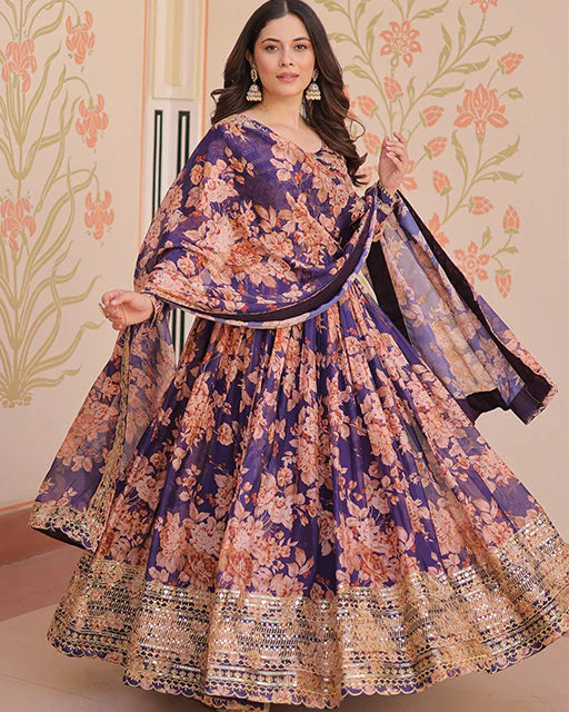 Womenline Wine Color Russian Silk Embroidered Gown