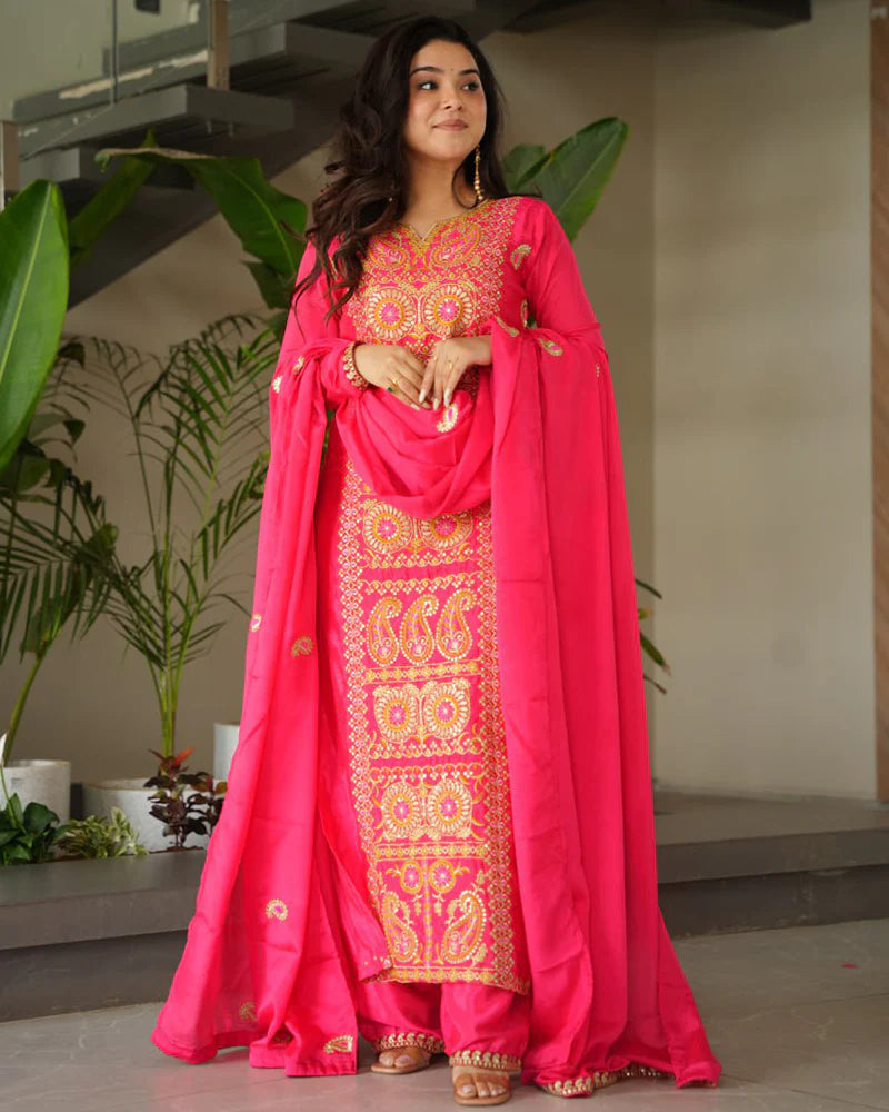 Womenline Gajri Color Chinon Embroidered Kurti Suit