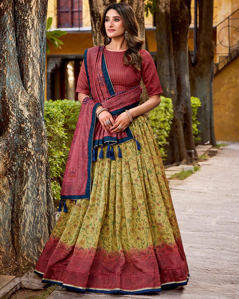 Womenline Crimson Color Vichitra Silk Printed Lehenga Choli