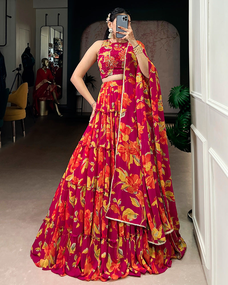 Womenline Pink Color Marble Floral Printed Lehenga Choli