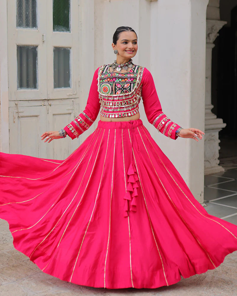 Womenline Pink Color Roman Silk Navratri Lehenga Choli