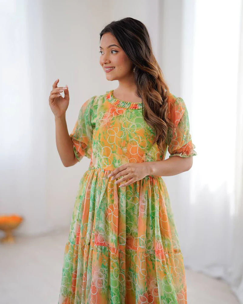 Womenline Lime Green Color Georgette Digital Printed Tunic