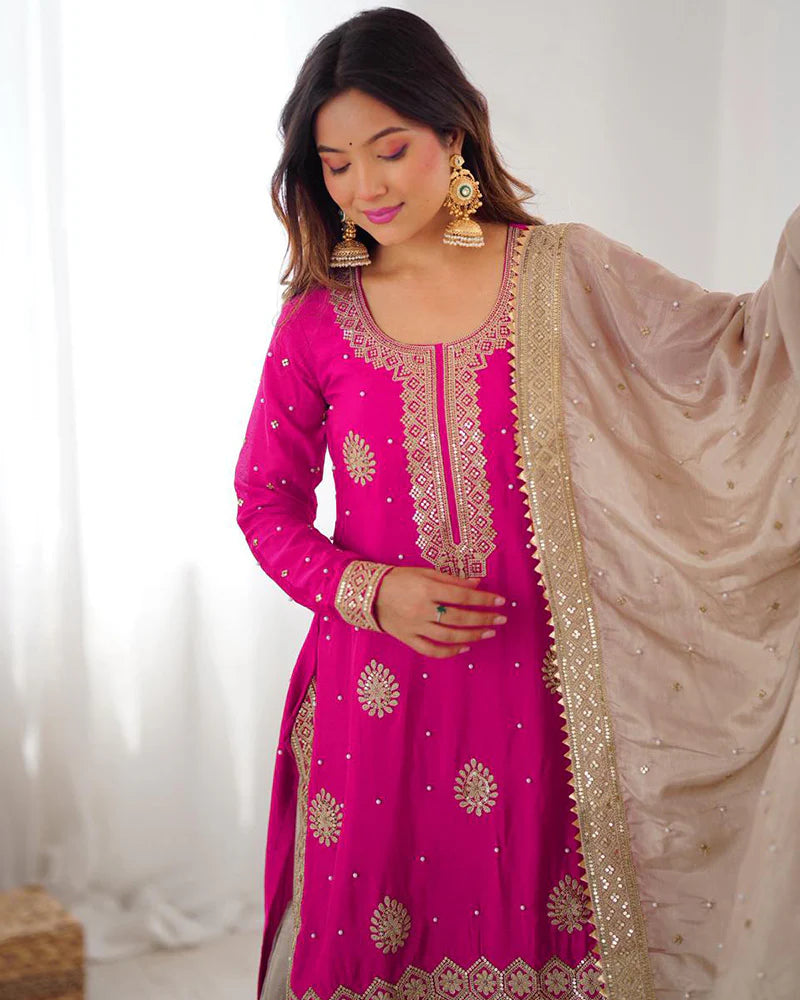 Womenline Pink Color Chinon Silk Embroidered Sharara Suit