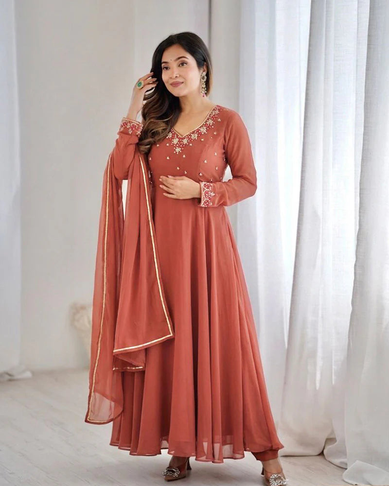 Womenline Rust Orange Color Georgette Three Piece Anarkali Suit