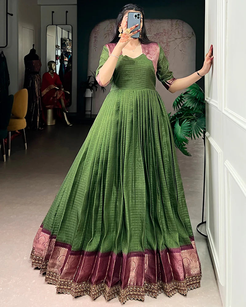 Womenline Mehndi Color Dola Chex Zari Weaving Gown
