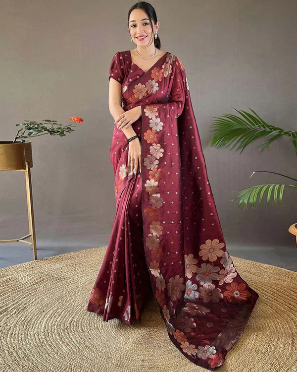 Womenline Jacquard Design Maroon color Soft Lichi Silk Saree