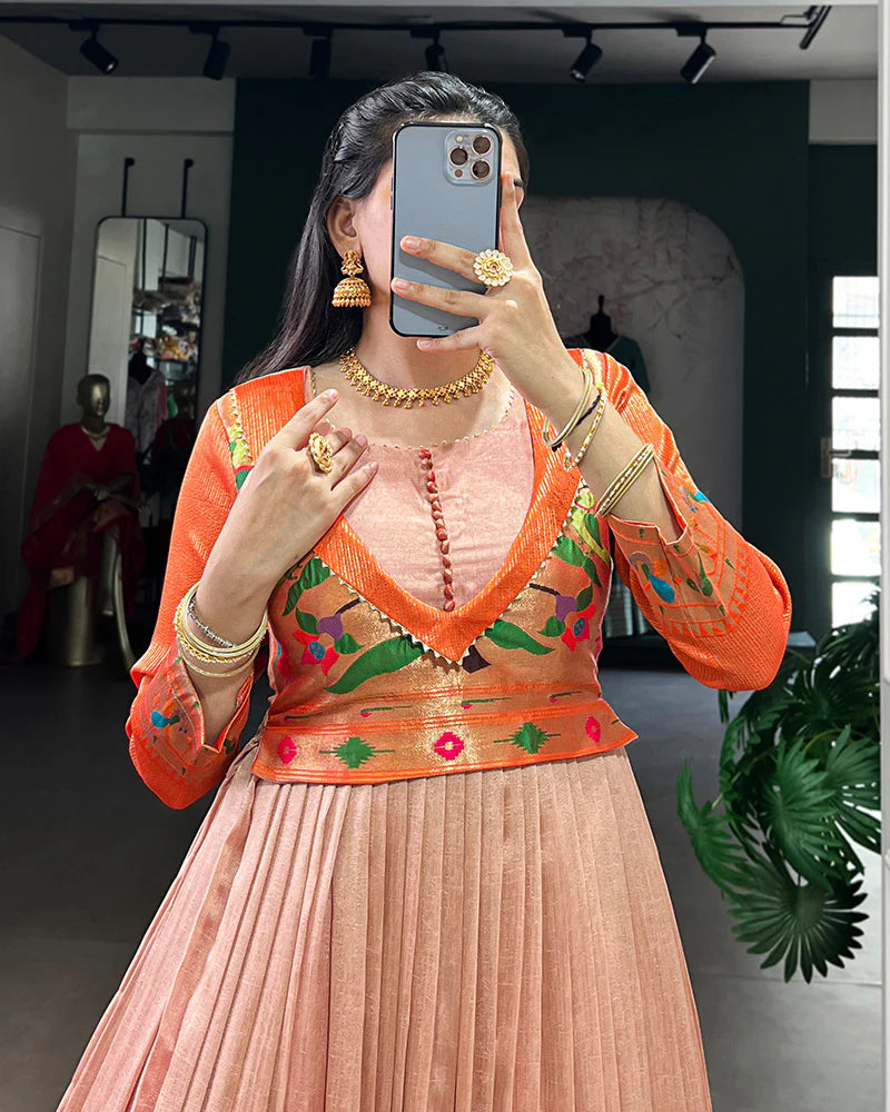 Womenline Peach Color Vichitra Silk Zari Weaving Gown