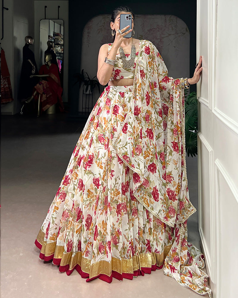 Womenline White Color Chiffon Printed Lehenga Choli