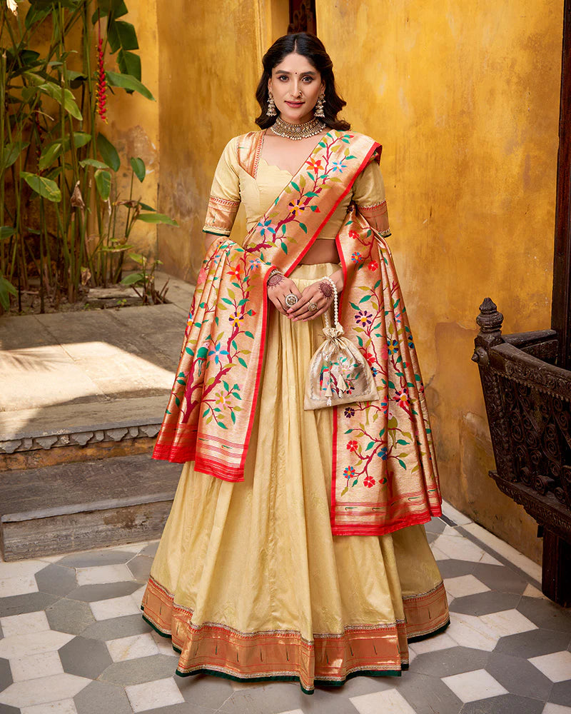 Womenline Cream Color Paithani Silk Zari Weaving Lehenga Choli