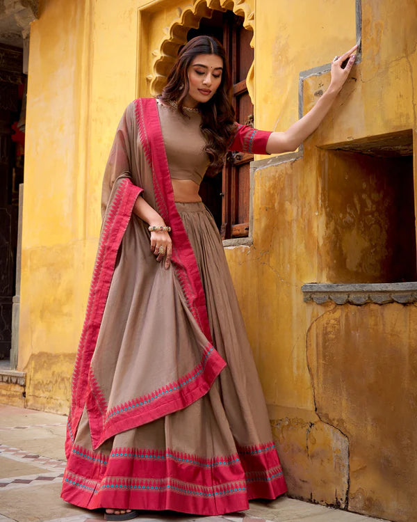 Womenline Chickoo Color Pure Chanderi Threaded Half Saree