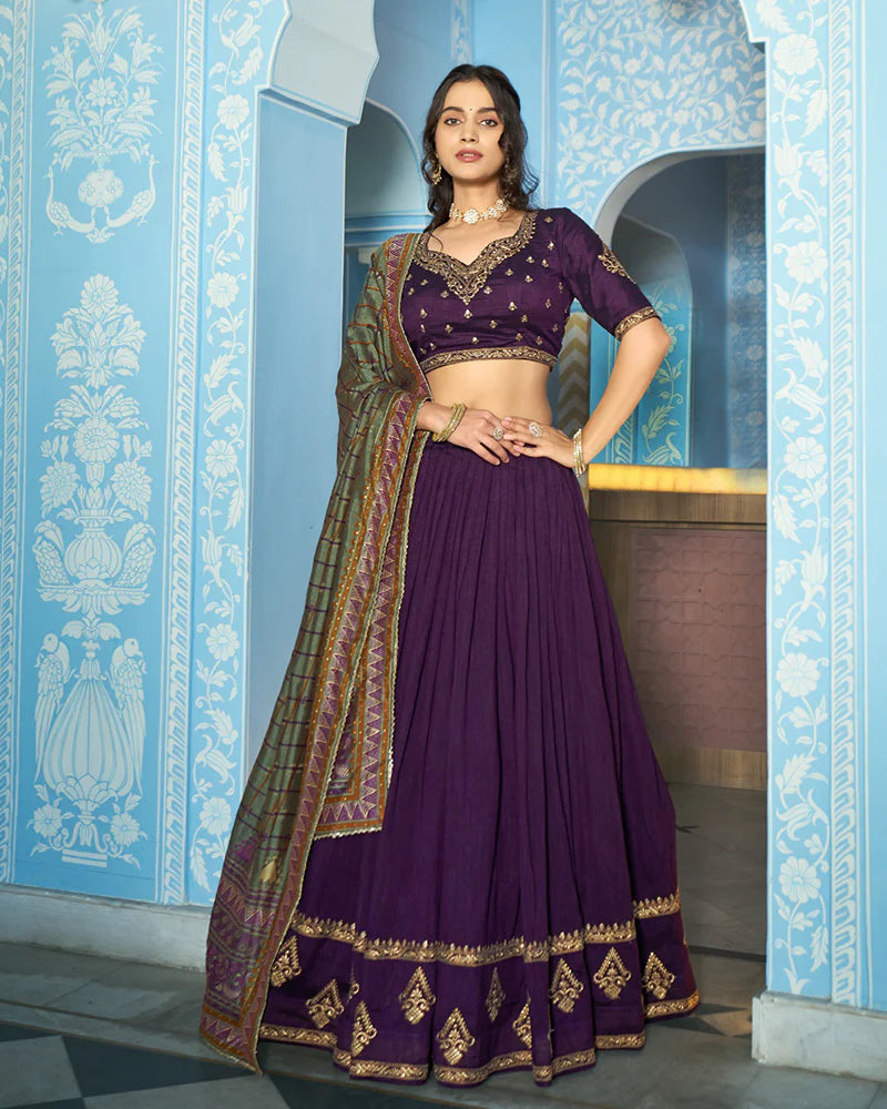 Womenline Elegant Dark Purple Embroidered Vichitra Silk Lehenga Choli