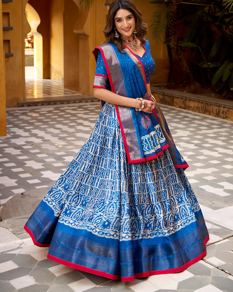 Womenline Blue Color Dola Silk Batik Printed Lehenga Choli