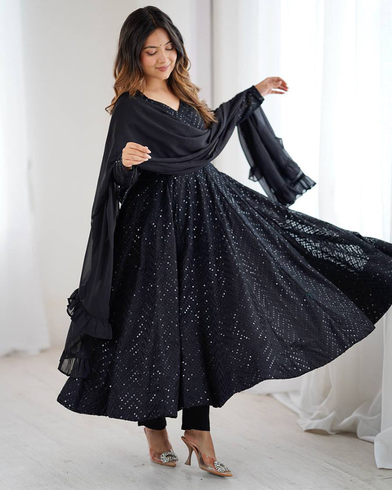 Womenline Black Color Georgette Lucknowi Three Piece Anarkali Suit
