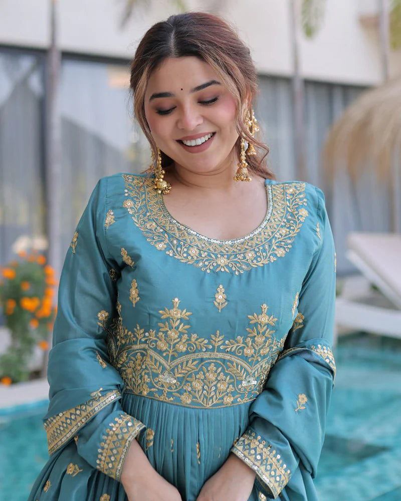 Womenline Dusty Teal Color Super Silk Embroidered Sharara Suit