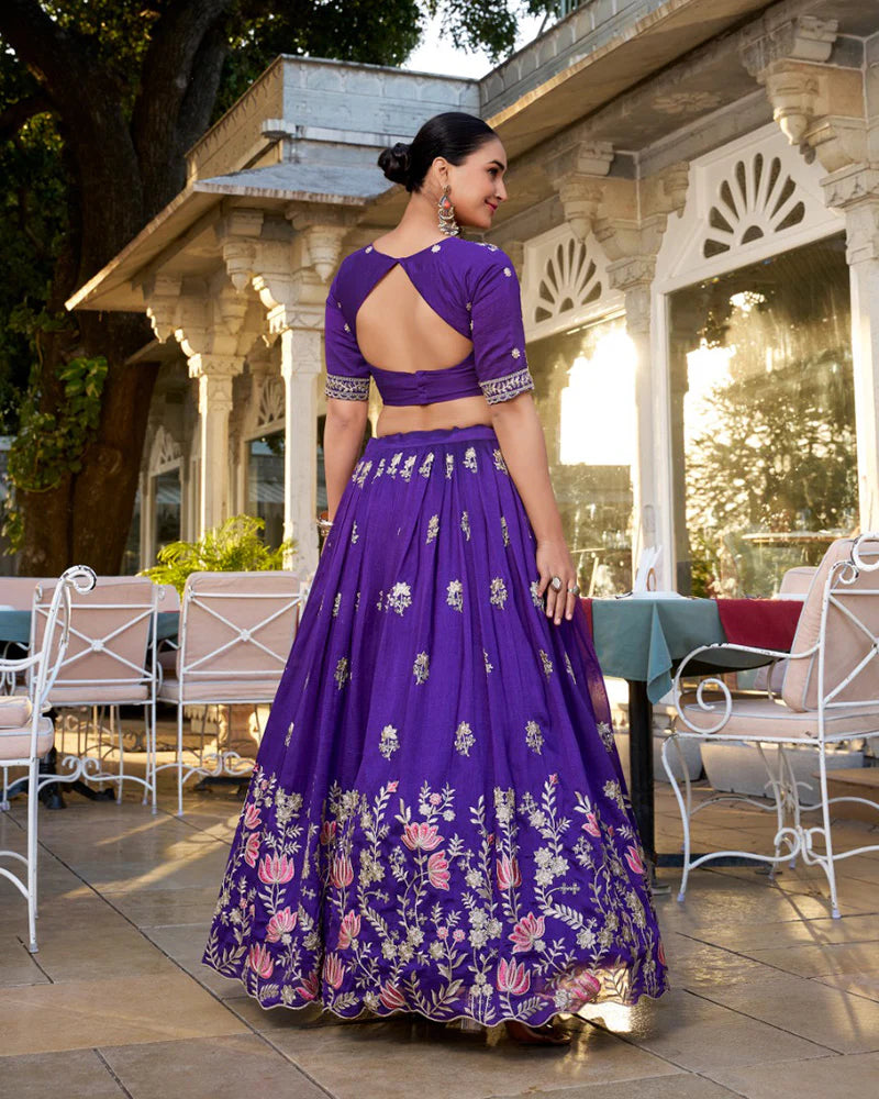 Womenline Purple Color Vichitra Silk Thread Embroidered Lehenga Choli
