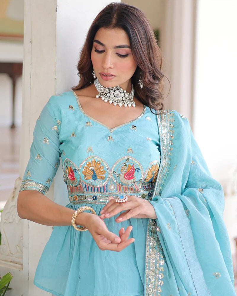 Womenline Sky Color Gold Crush Embroidered Lehenga Choli