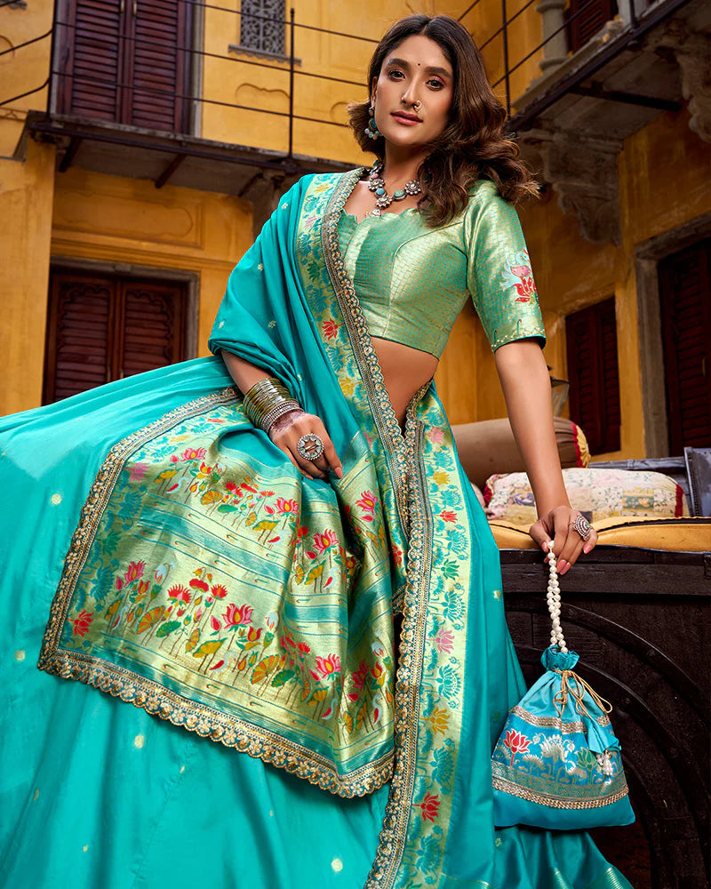 Womenline Sky Blue Color Soft Silk Paithani Lehenga Choli