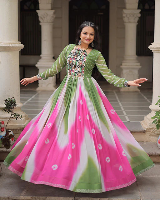 Womenline Green Color Faux Georgette Bandhej Print Navratri Gown