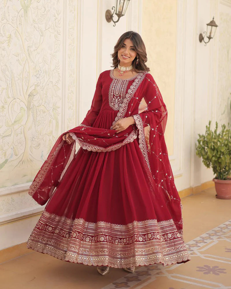 Womenline Maroon Color Faux Blooming Rich Sequence Embroidered Gown
