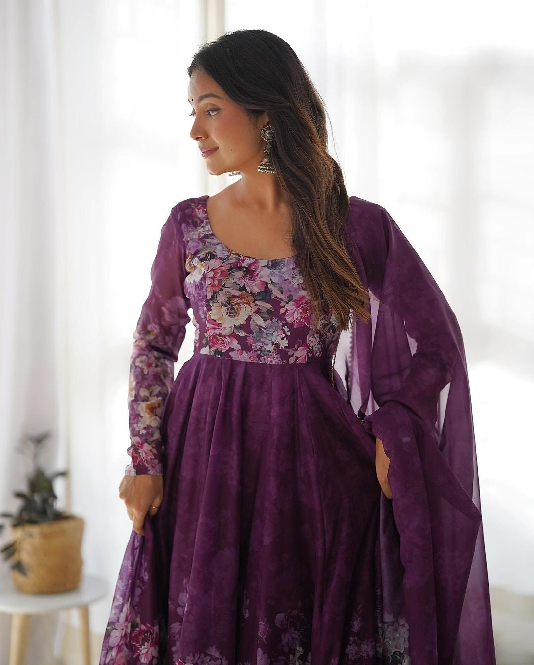Womenline Wine Color Floral Print Organza Three Piece Anarkali Suit