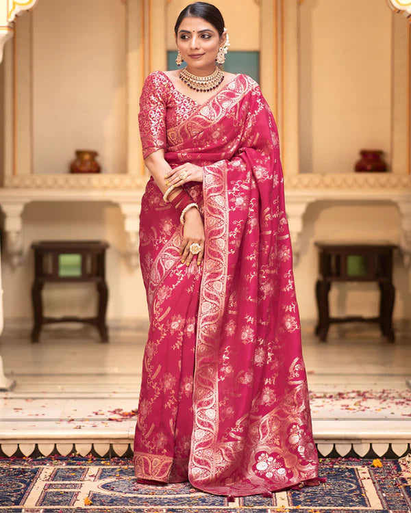Womenline Rani Pink Color Banarasi Jacquard Zari Weaving Saree